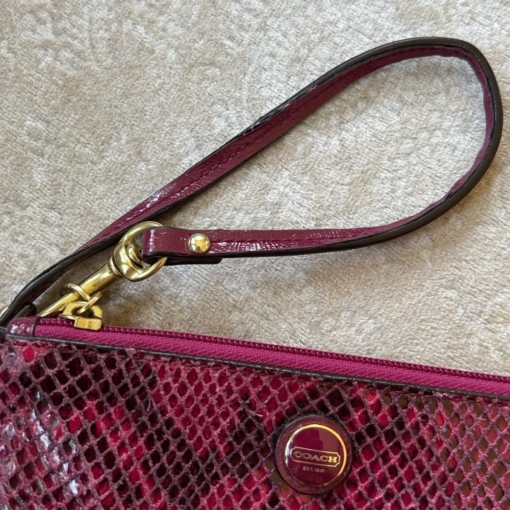 COACH Leather Zippered Wristlet Snakeskin Raspberry Pink Embossed Python Exotic